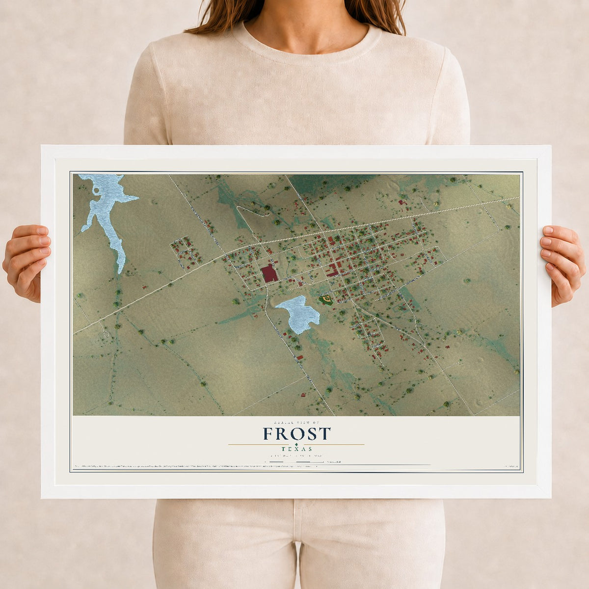 Map of Frost, Texas, 12 x 18 inch print in a white wood frame