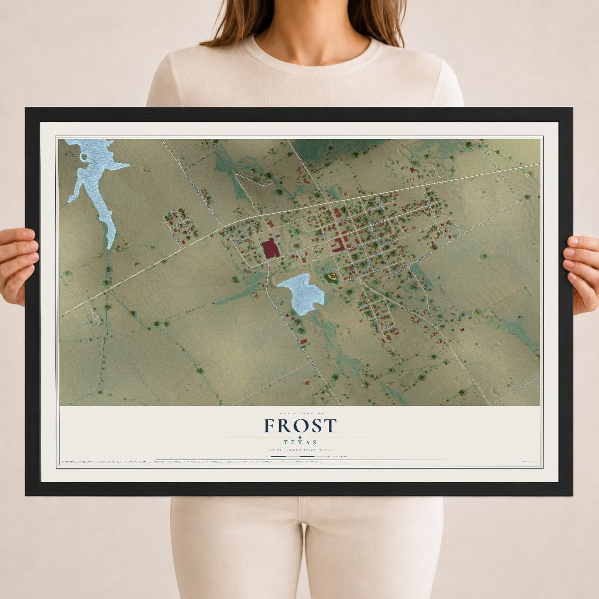 Map of Frost, Texas, 18 x 24 inch print in a black wood frame