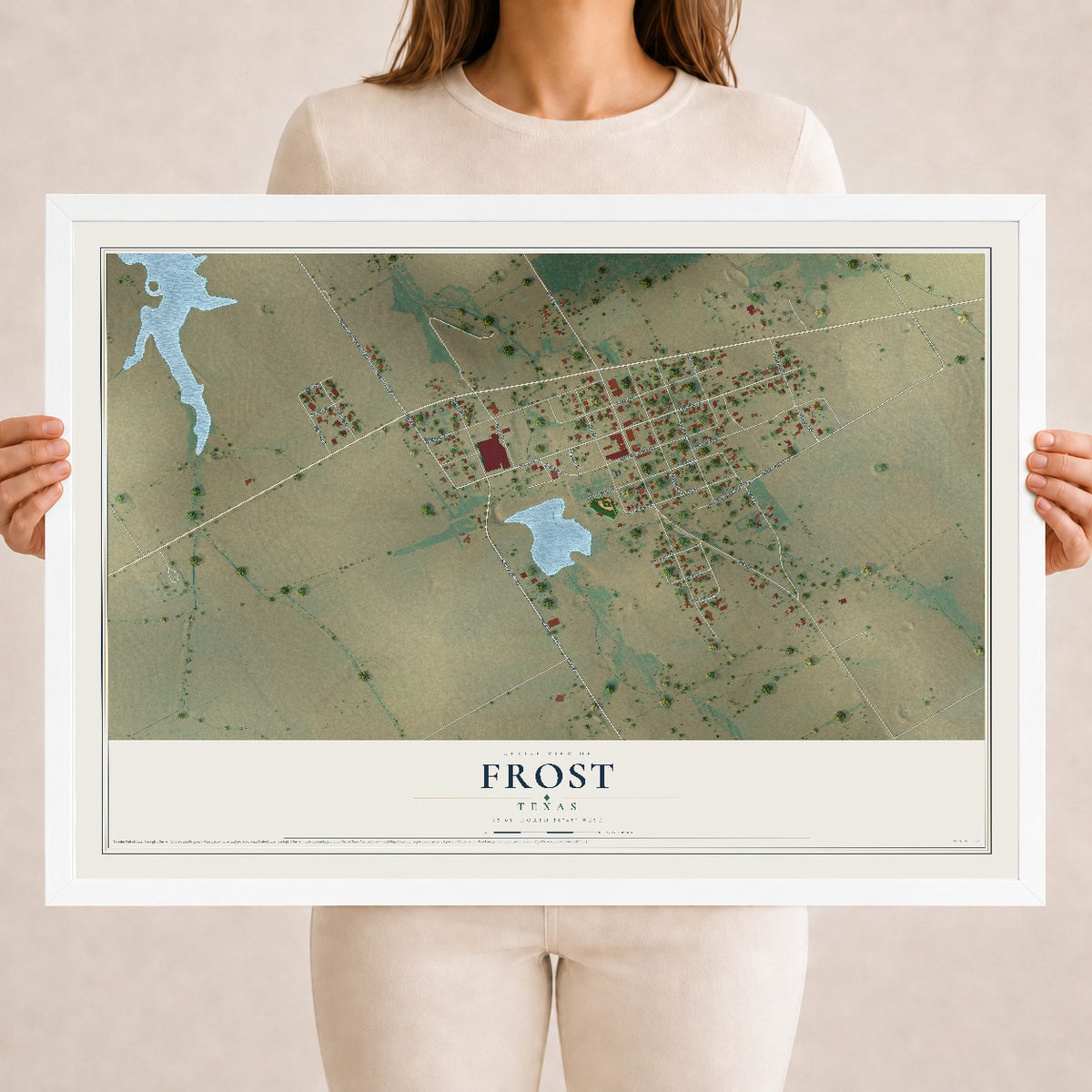 Map of Frost, Texas, 18 x 24 inch print in a white wood frame
