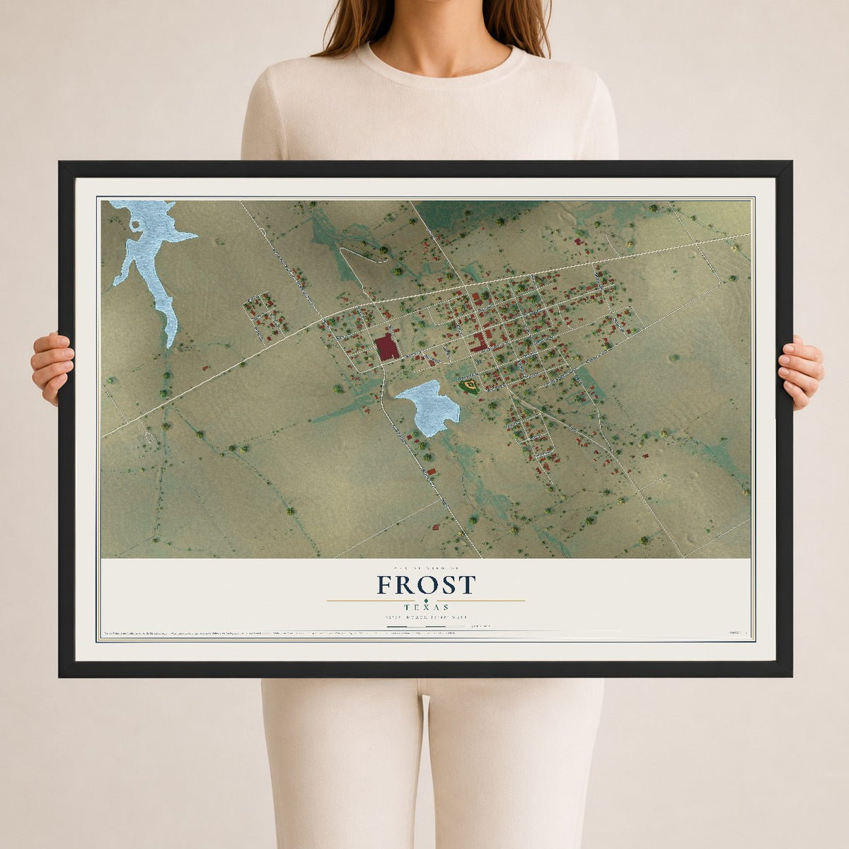 Map of Frost, Texas, 24 x 36 inch print in a black wood frame