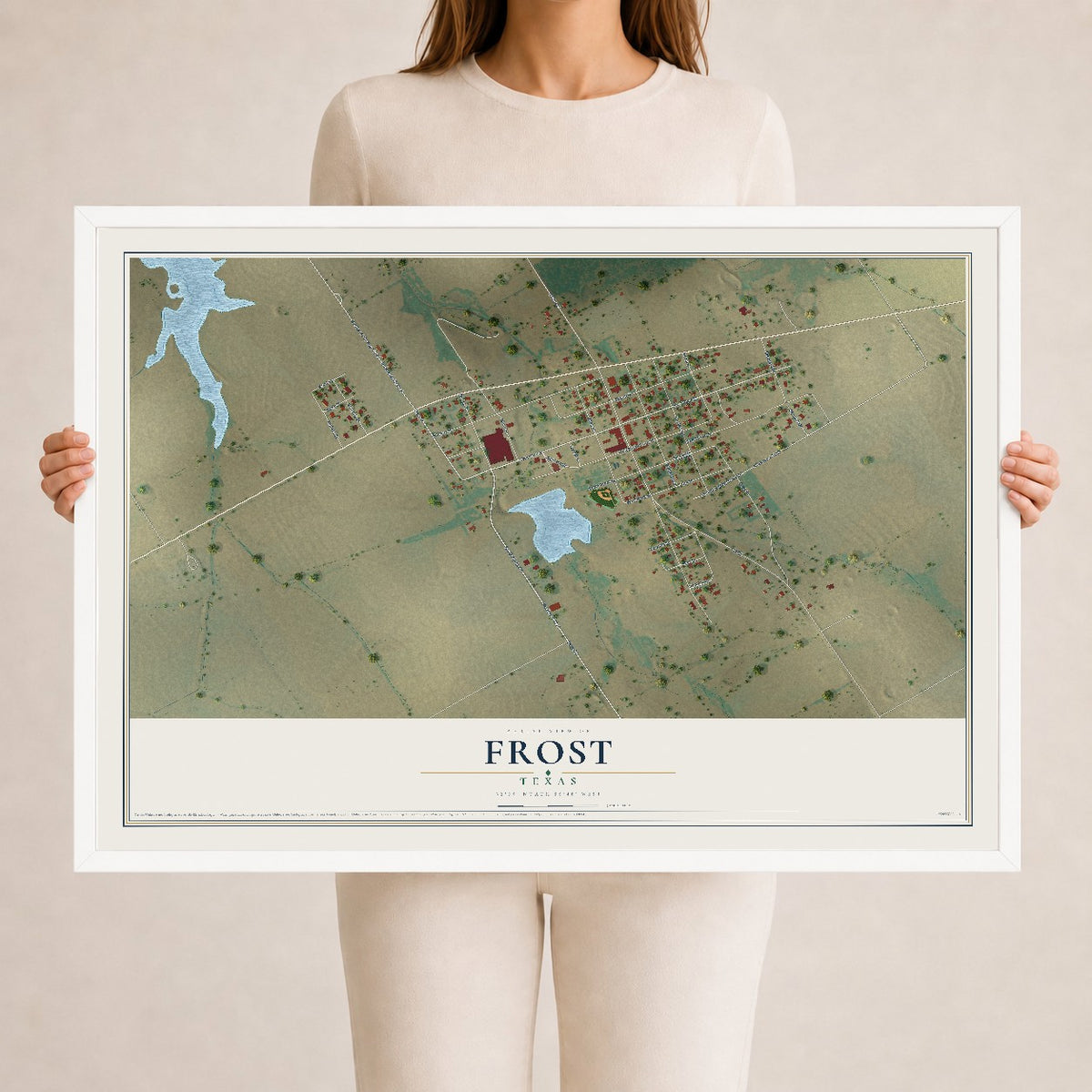 Map of Frost, Texas, 24 x 36 inch print in a white wood frame
