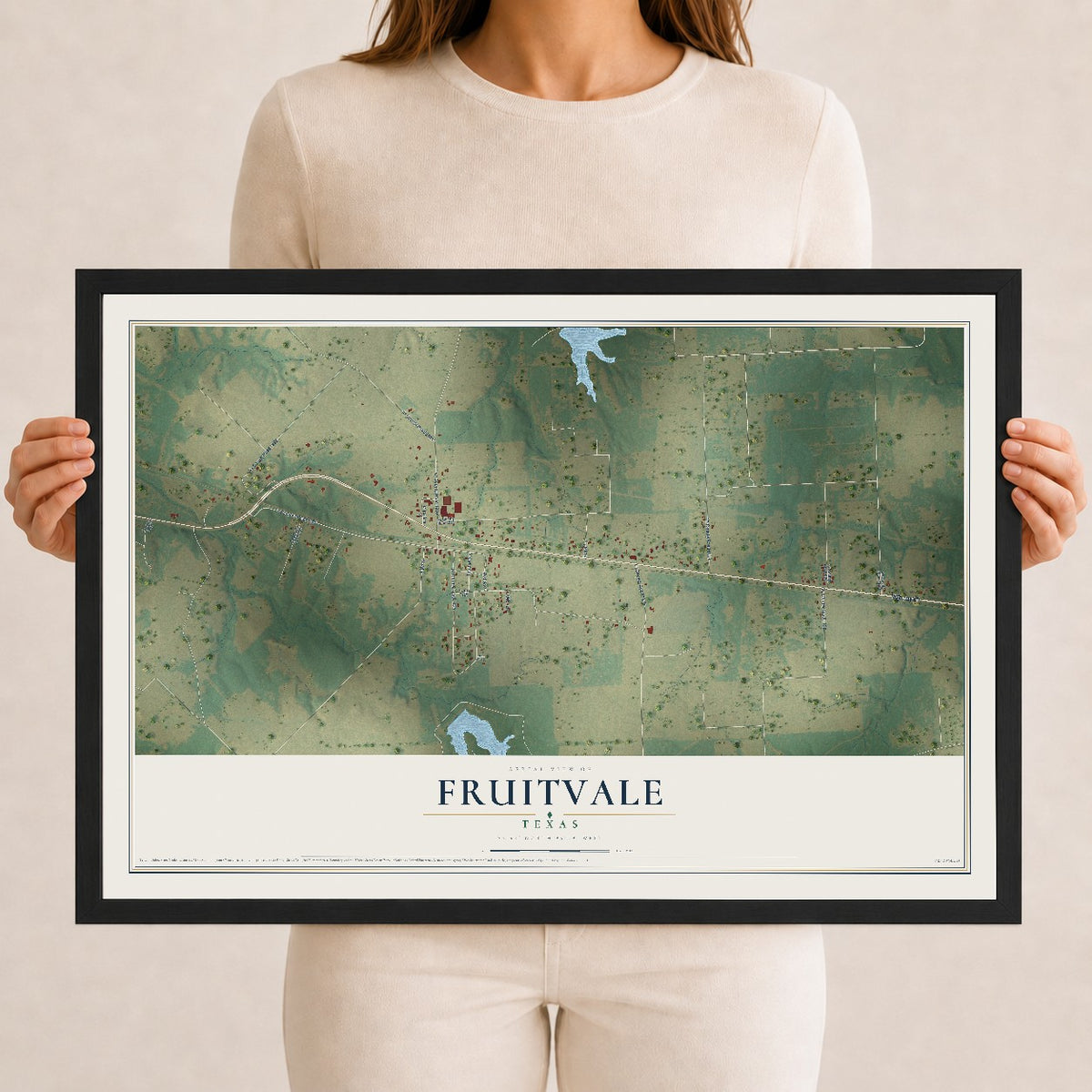 Map of Fruitvale, Texas, 12 x 18 inch print in a black wood frame