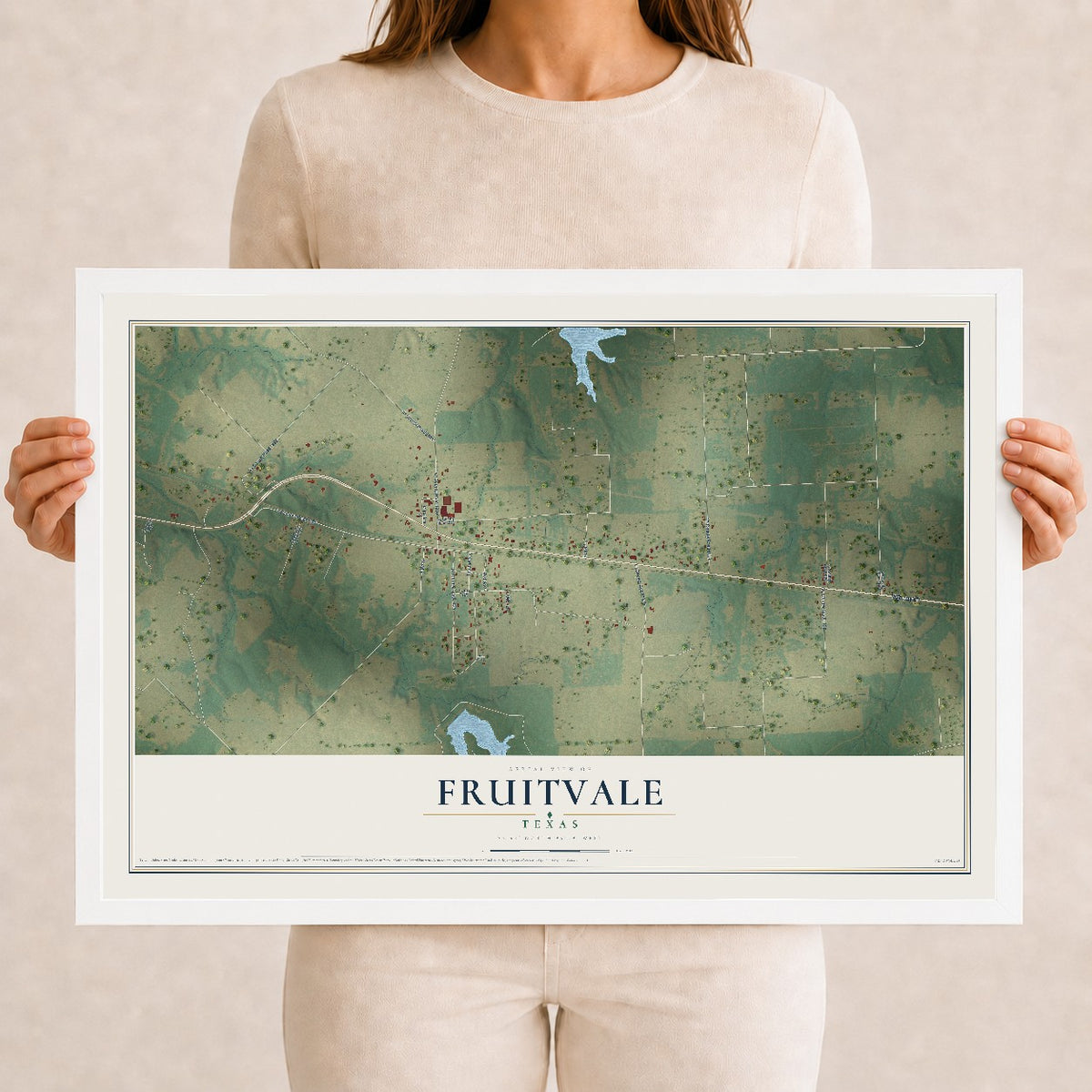 Map of Fruitvale, Texas, 12 x 18 inch print in a white wood frame
