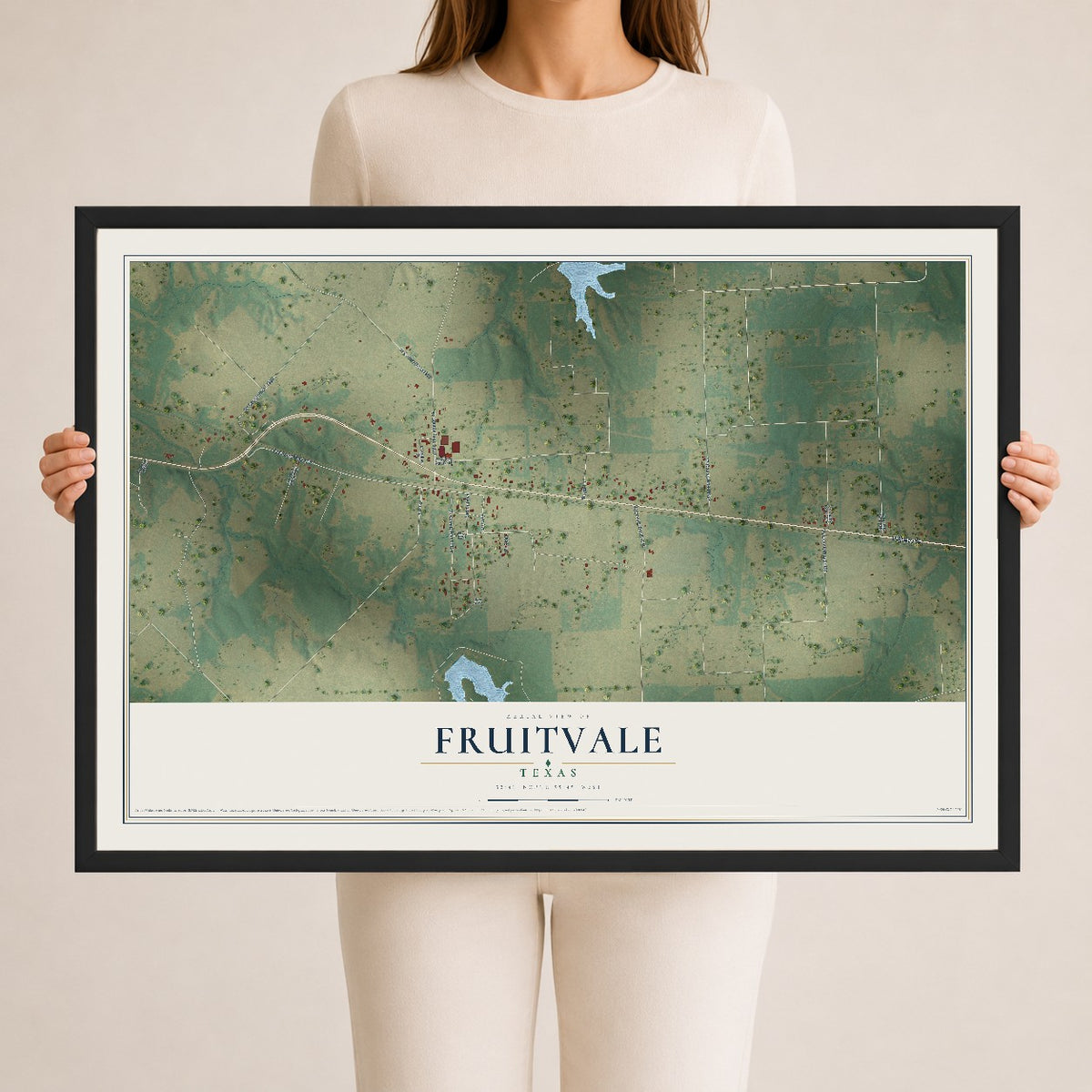 Map of Fruitvale, Texas, 24 x 36 inch print in a black wood frame
