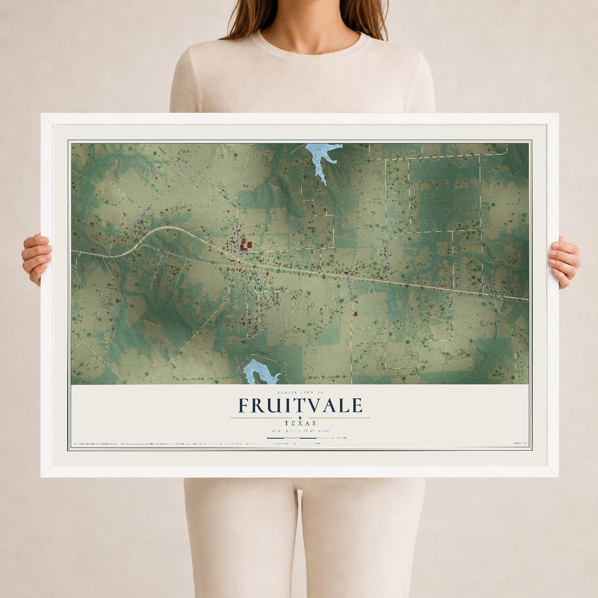 Map of Fruitvale, Texas, 24 x 36 inch print in a white wood frame