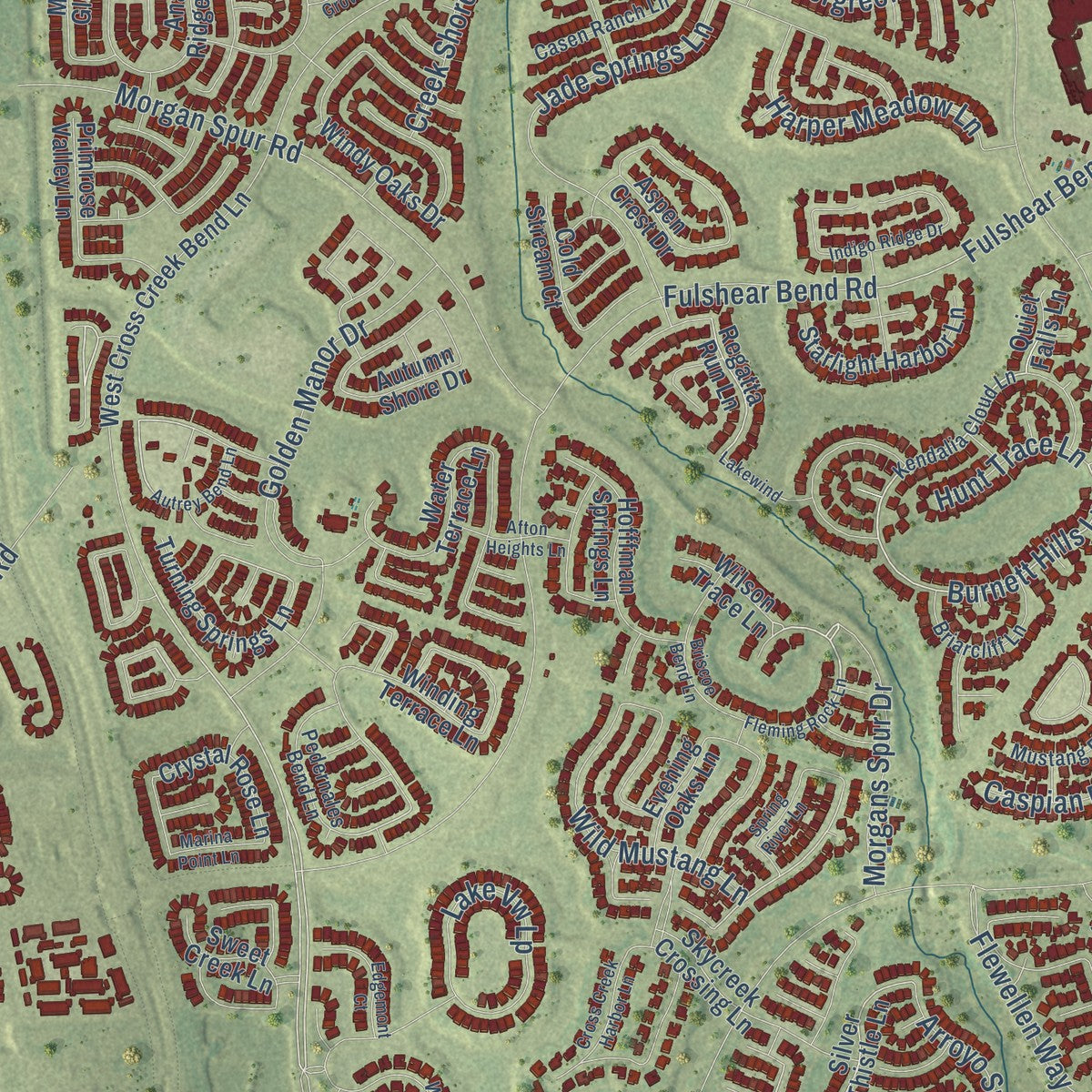Close-up of the map of Fulshear, Texas print showing street and building detail