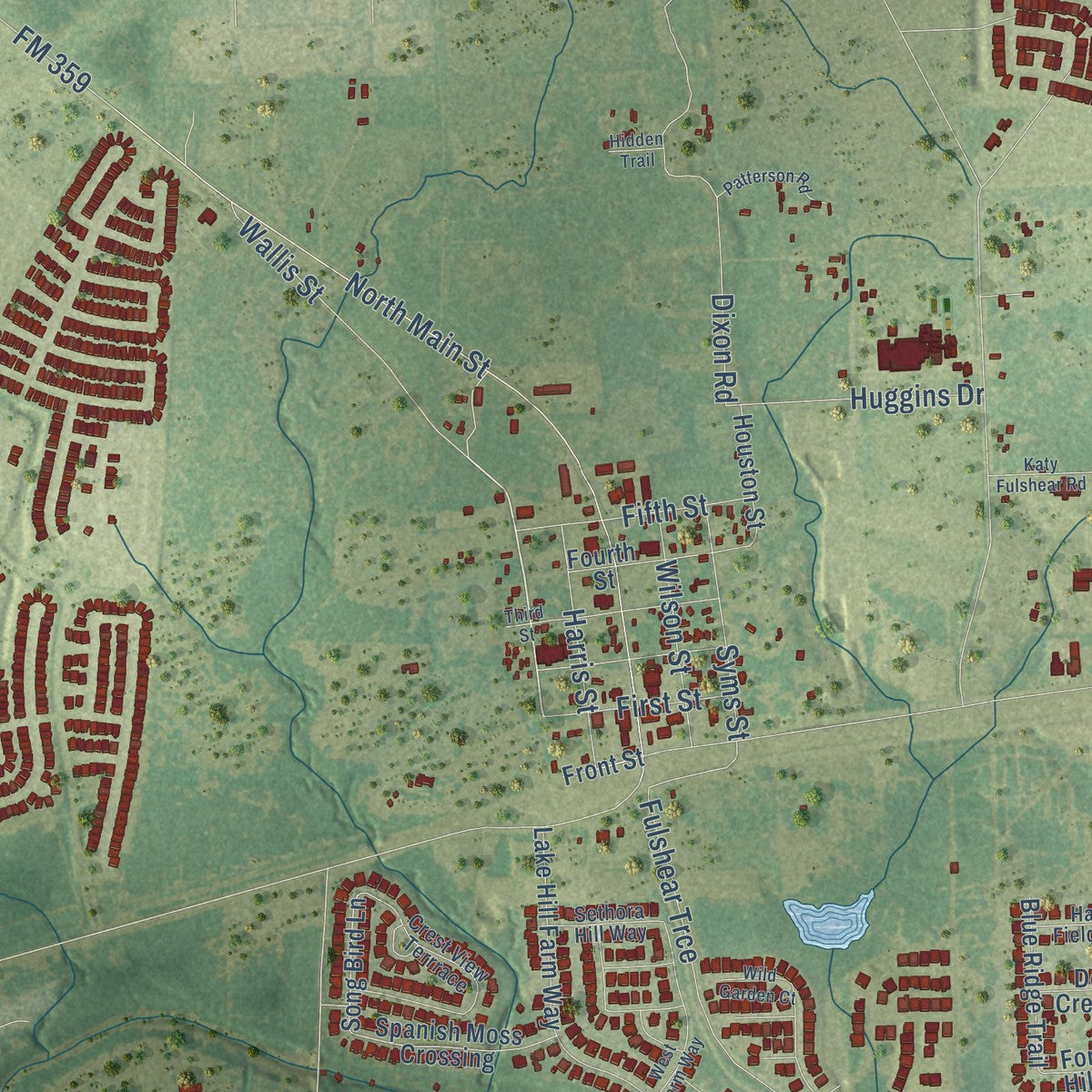 Second close-up of the map of Fulshear, Texas print showing more streets and buildings