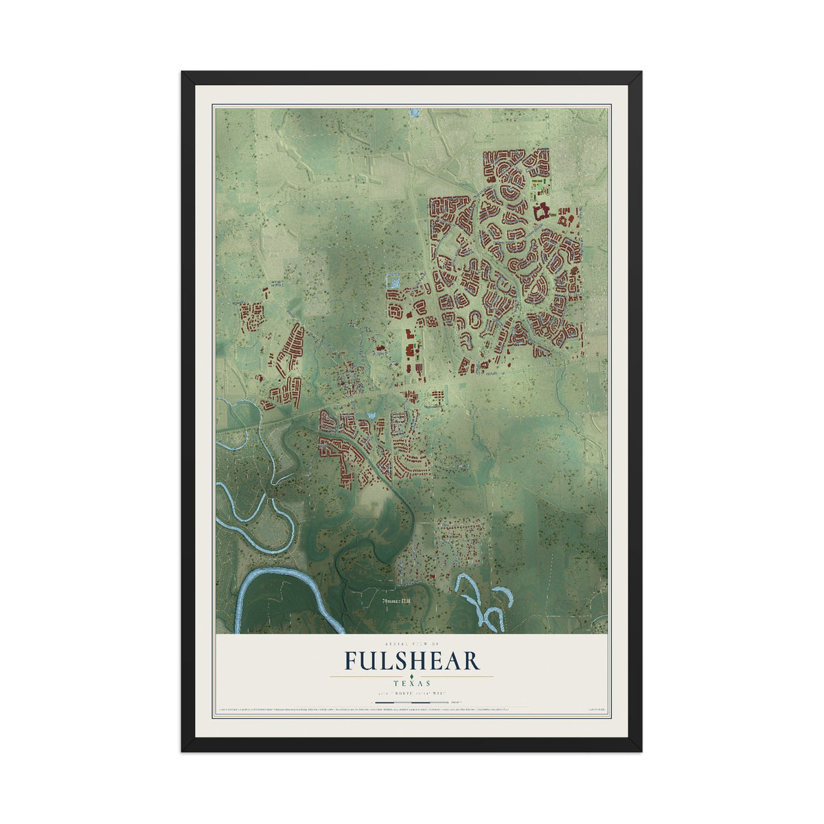 Map of Fulshear, Texas, 12 x 18 inch print in a black wood frame