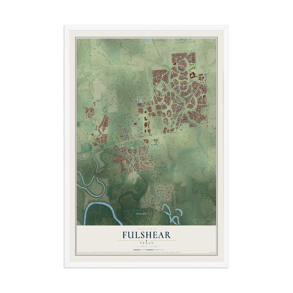 Map of Fulshear, Texas, 12 x 18 inch print in a white wood frame