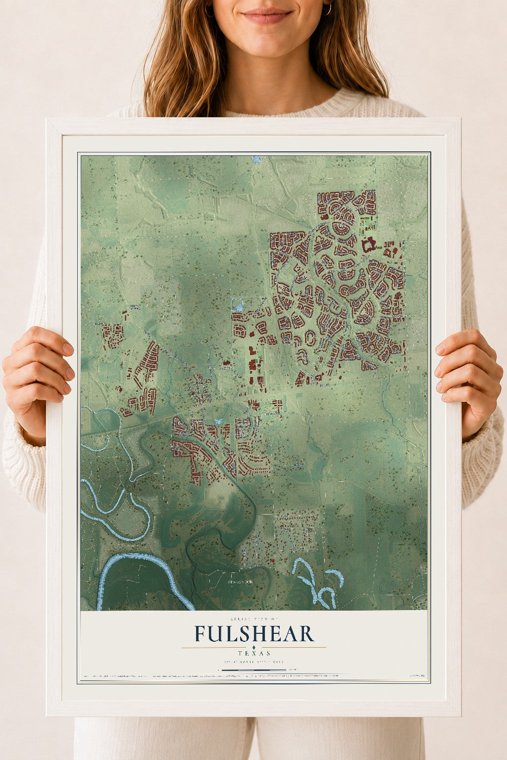 Map of Fulshear, Texas, 18 x 24 inch print in a white wood frame