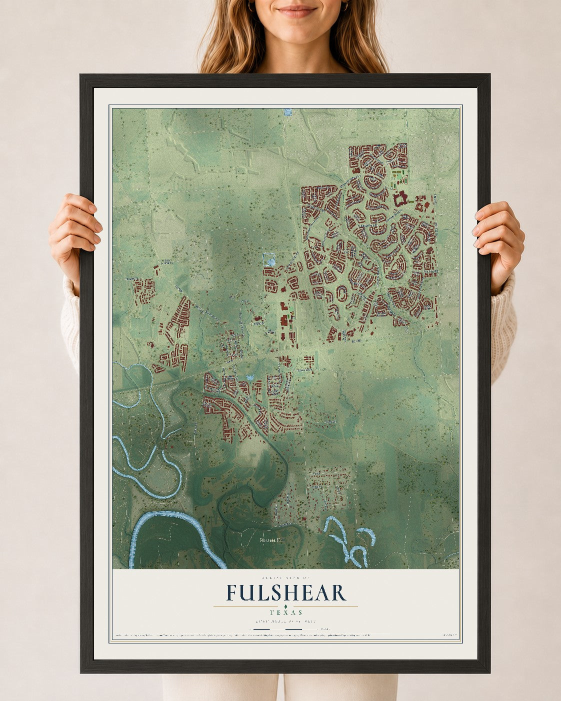 Map of Fulshear, Texas, 24 x 36 inch print in a black wood frame