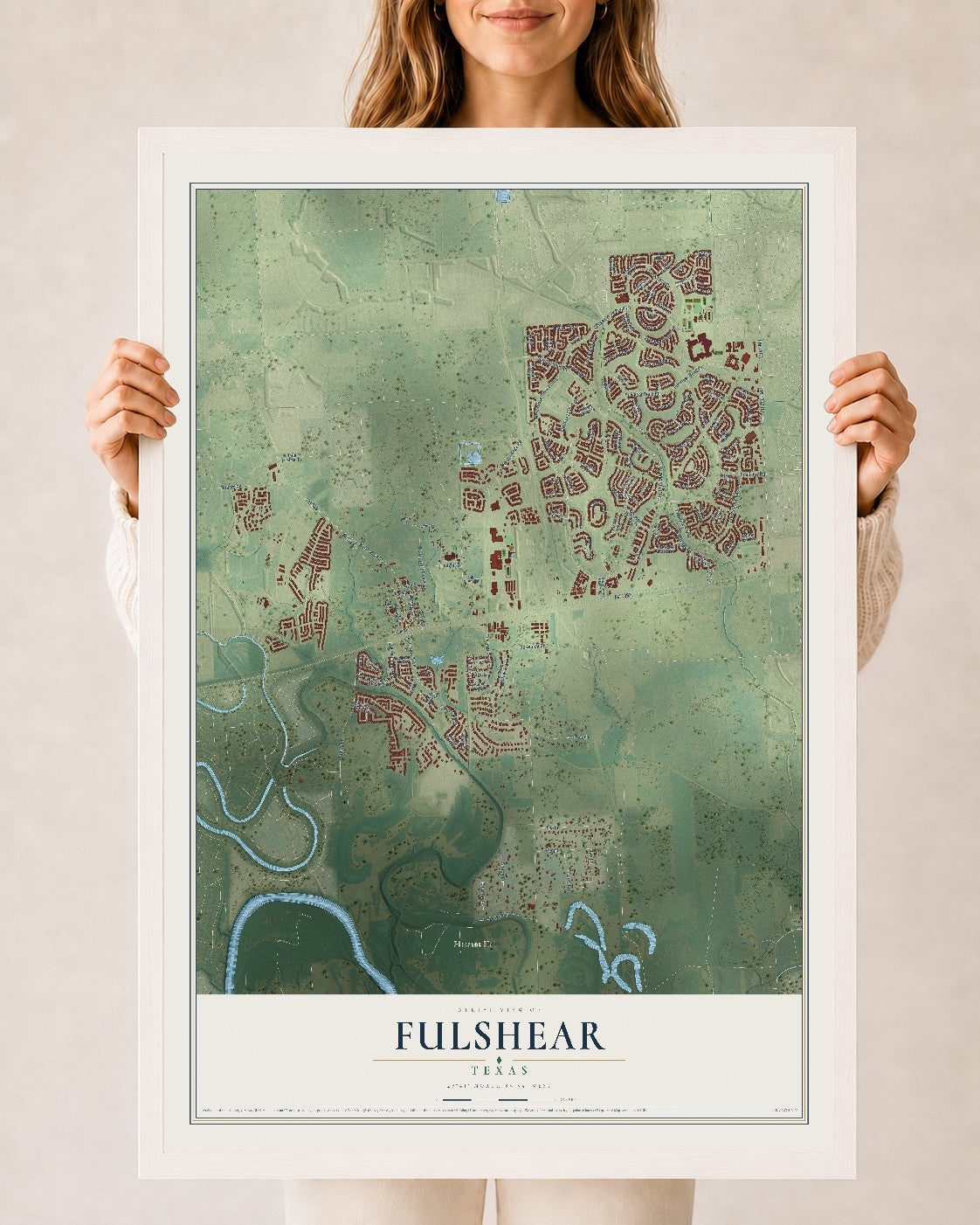 Map of Fulshear, Texas, 24 x 36 inch print in a white wood frame