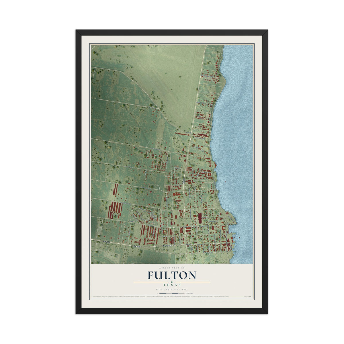 Map of Fulton, Texas, 12 x 18 inch print in a black wood frame