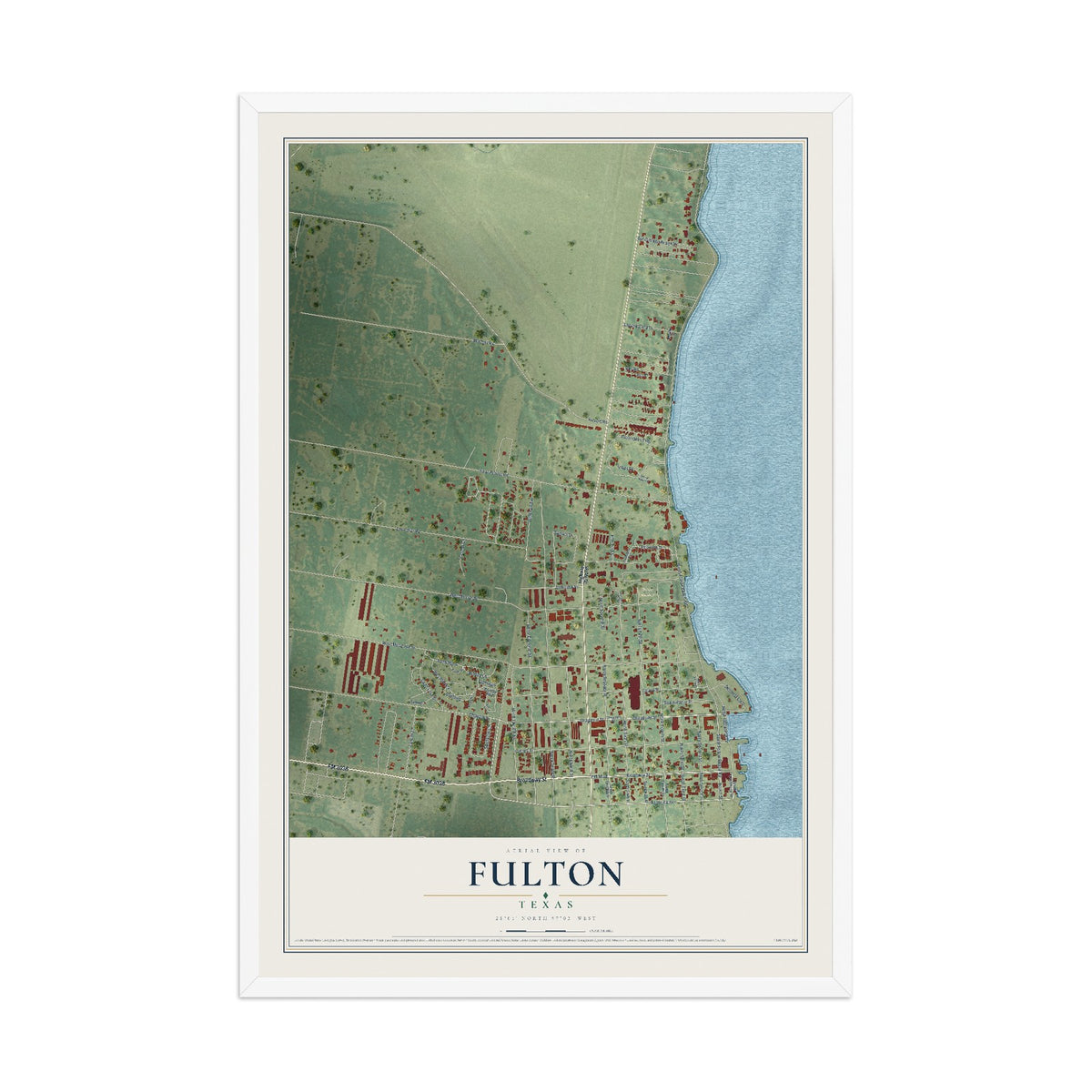 Map of Fulton, Texas, 12 x 18 inch print in a white wood frame
