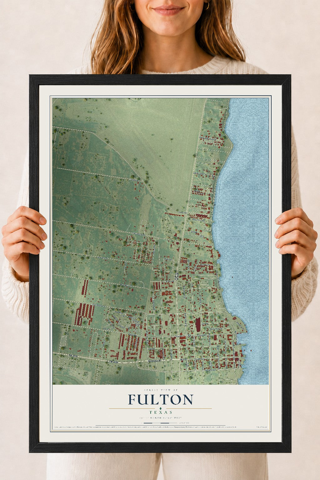 Map of Fulton, Texas, 18 x 24 inch print in a black wood frame