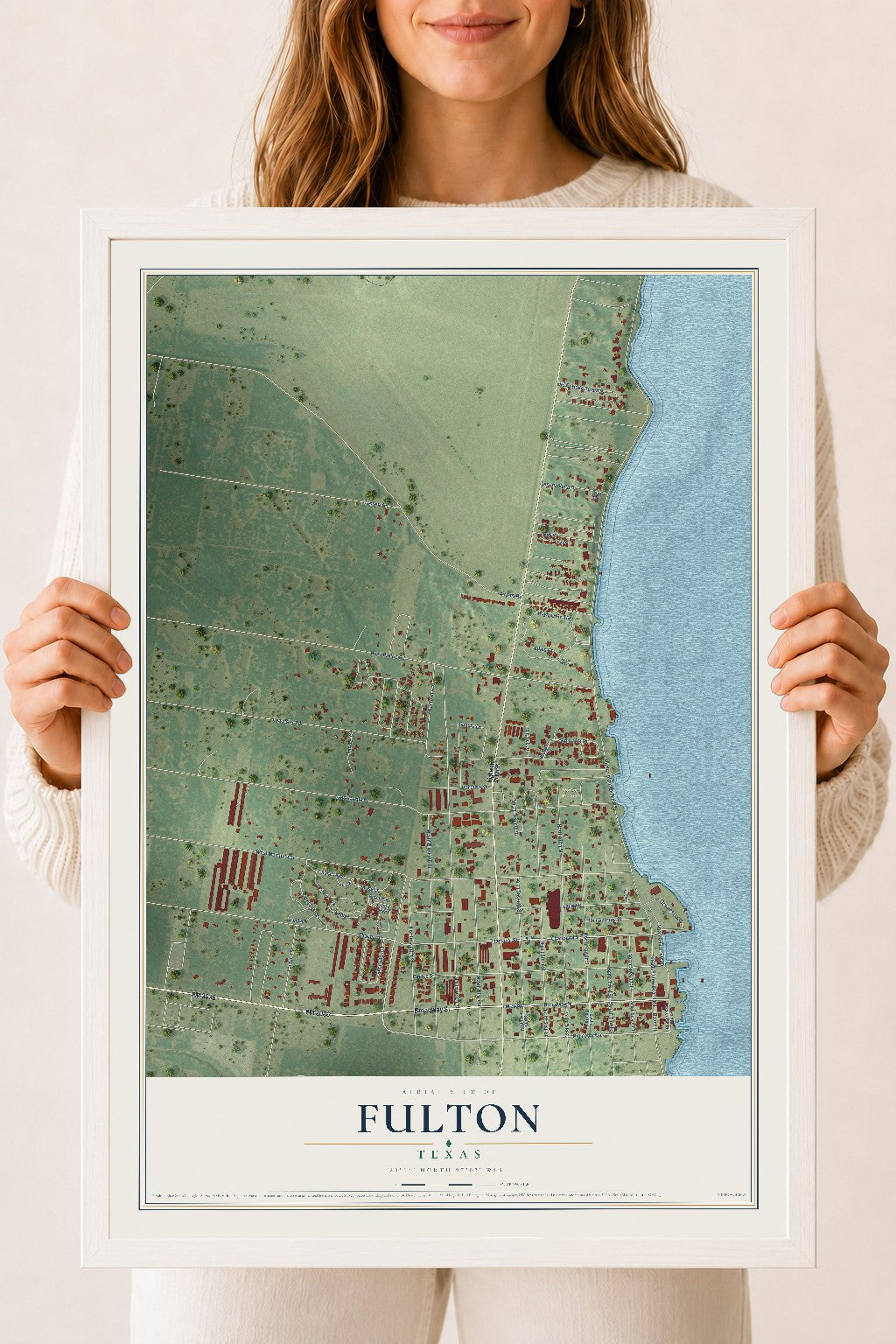 Map of Fulton, Texas, 18 x 24 inch print in a white wood frame