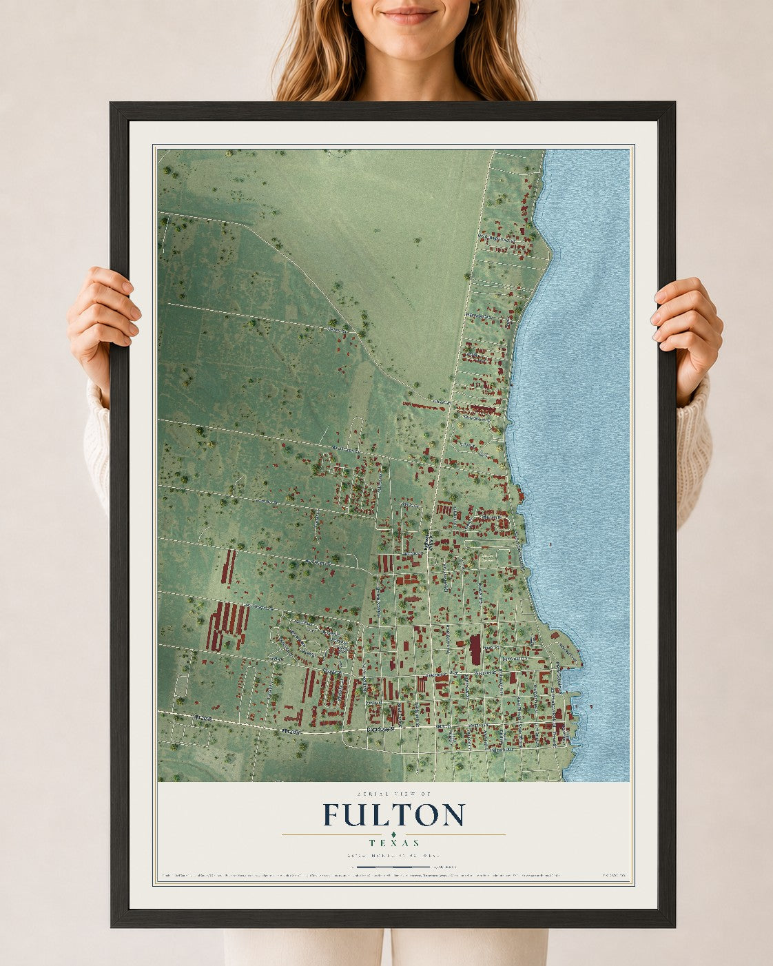 Map of Fulton, Texas, 24 x 36 inch print in a black wood frame