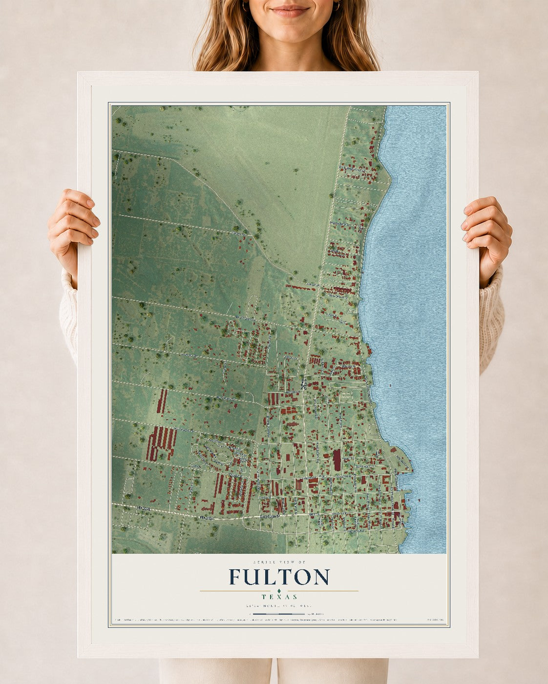 Map of Fulton, Texas, 24 x 36 inch print in a white wood frame