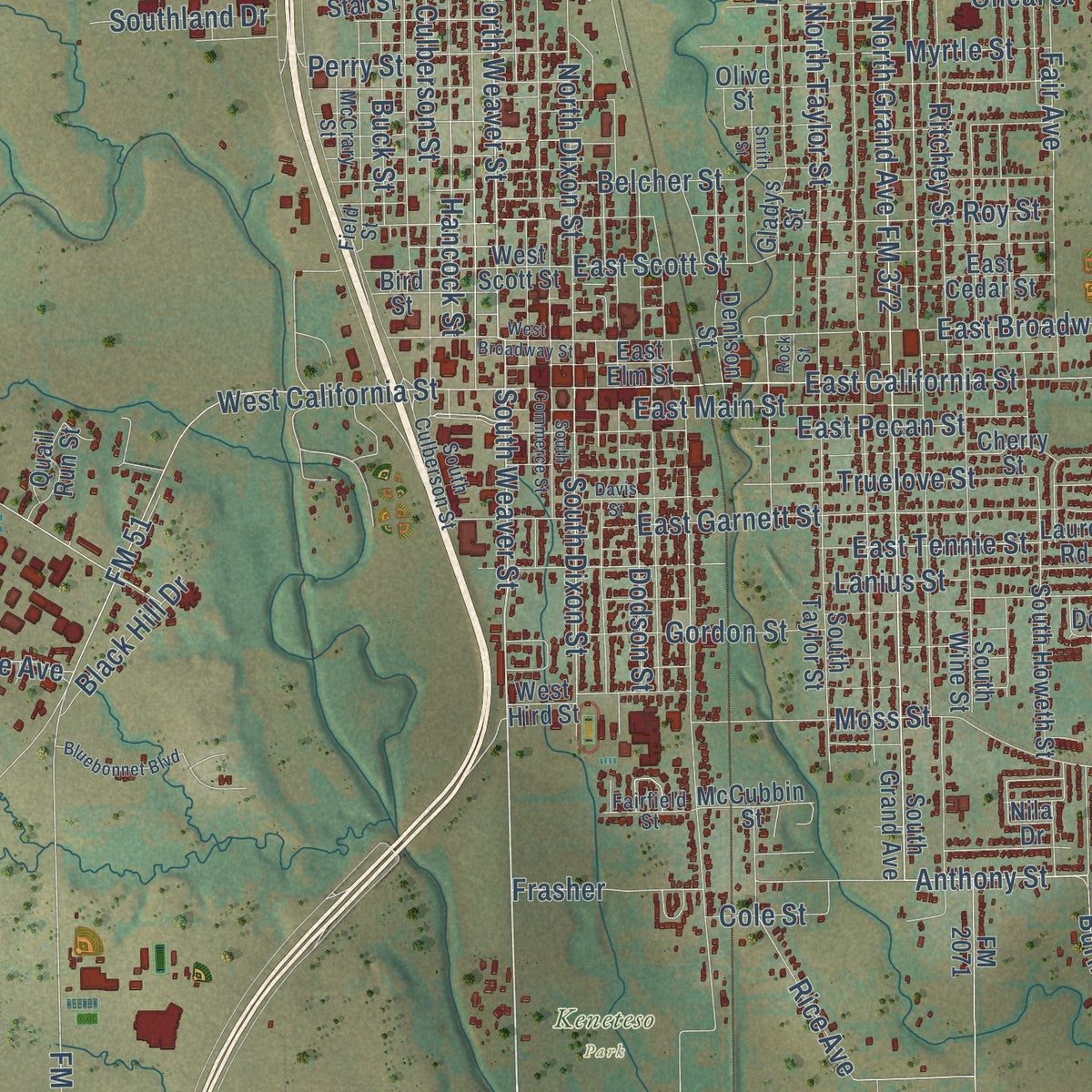 Close-up of the map of Gainesville, Texas print showing street and building detail