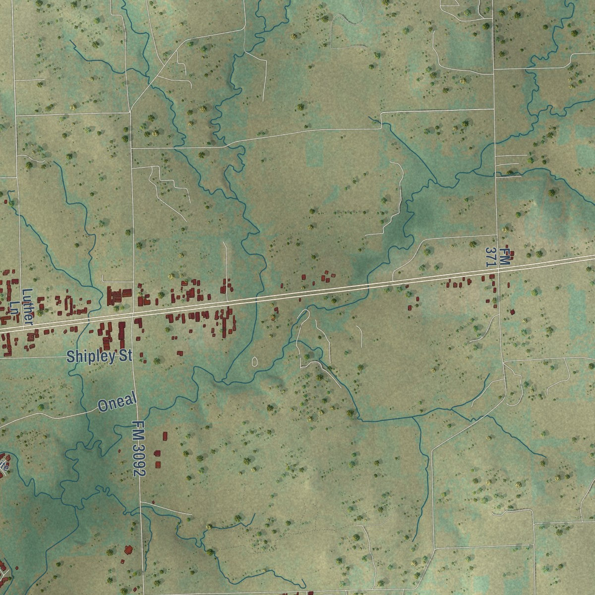 Second close-up of the map of Gainesville, Texas print showing more streets and buildings