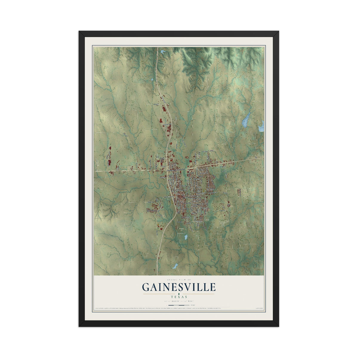 Map of Gainesville, Texas, 12 x 18 inch print in a black wood frame