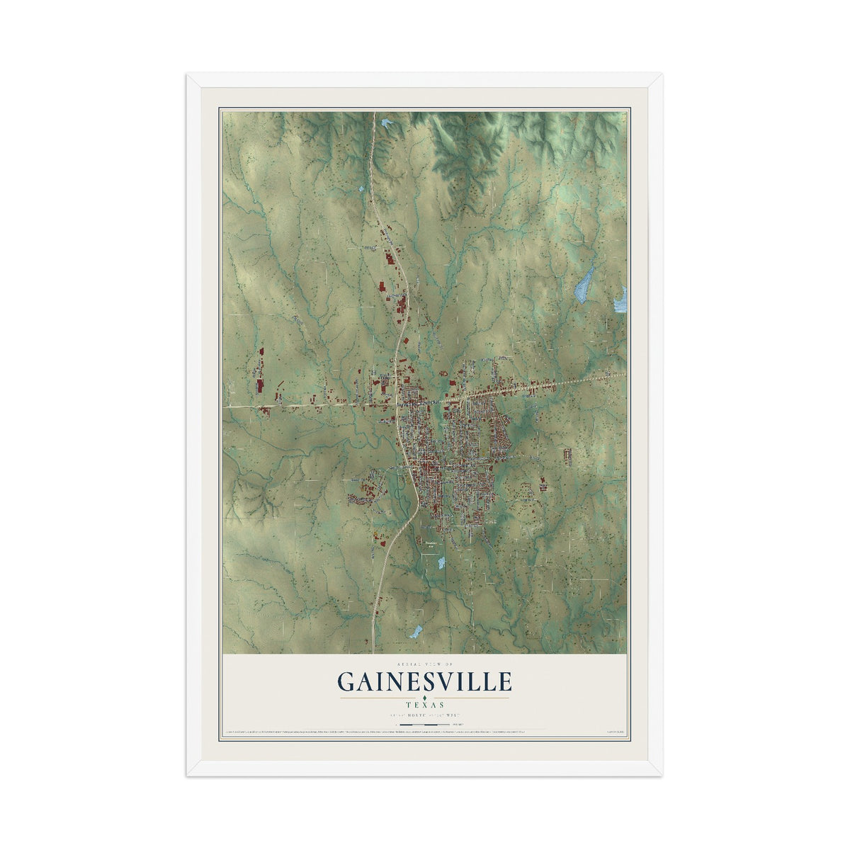 Map of Gainesville, Texas, 12 x 18 inch print in a white wood frame