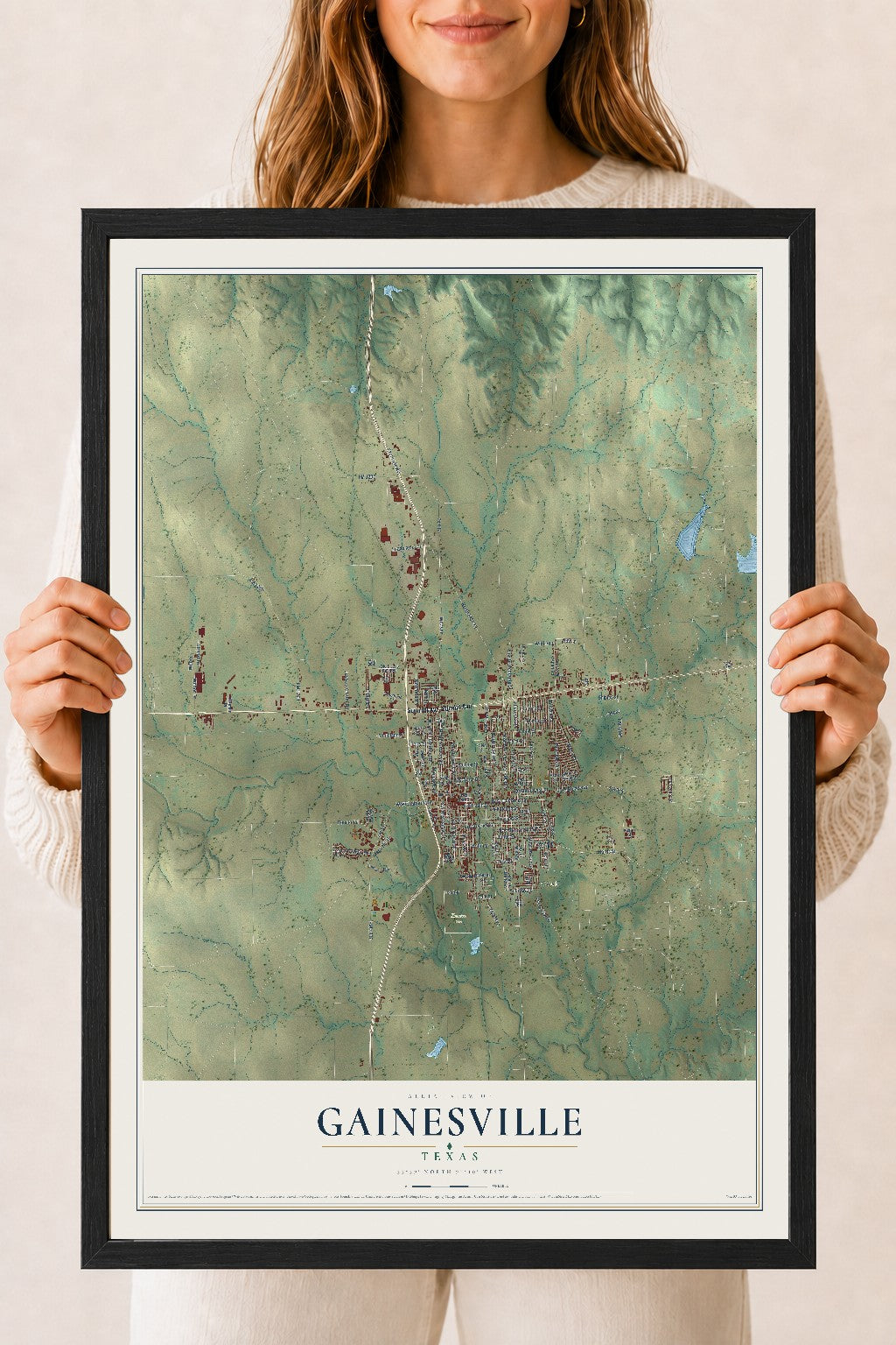 Map of Gainesville, Texas, 18 x 24 inch print in a black wood frame