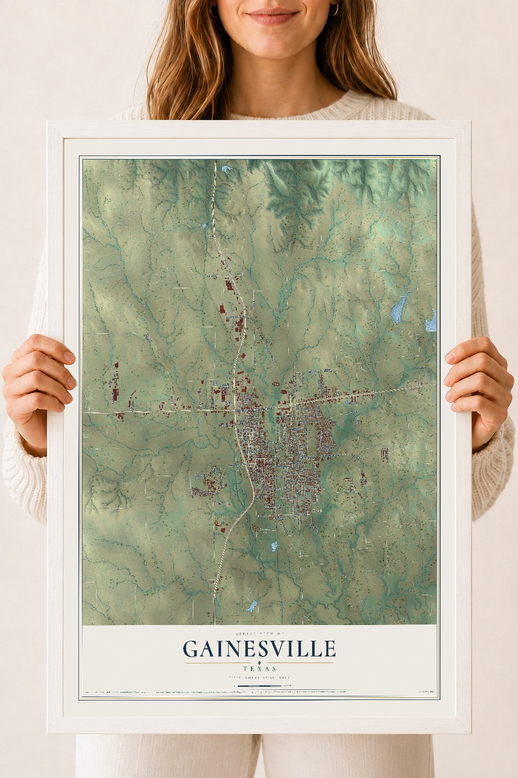 Map of Gainesville, Texas, 18 x 24 inch print in a white wood frame