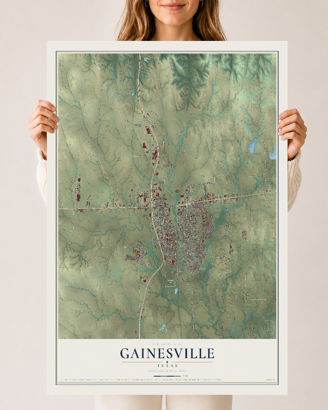 Map of Gainesville, Texas, 24 x 36 inch unframed archival matte print