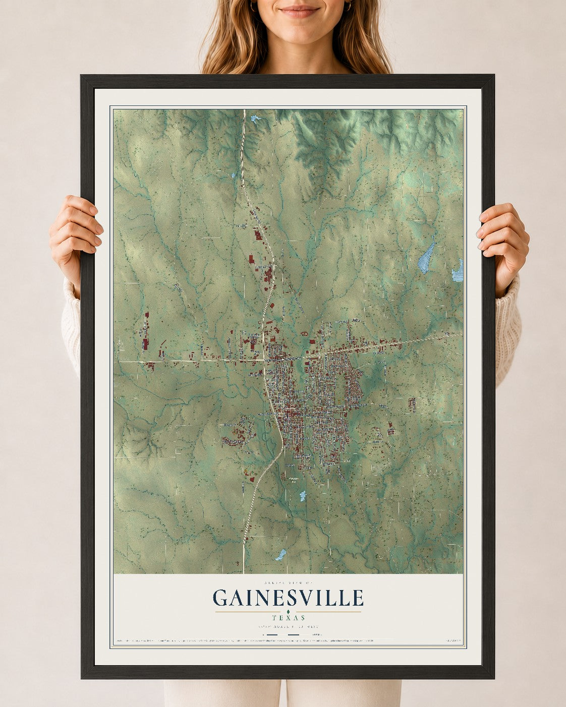 Map of Gainesville, Texas, 24 x 36 inch print in a black wood frame