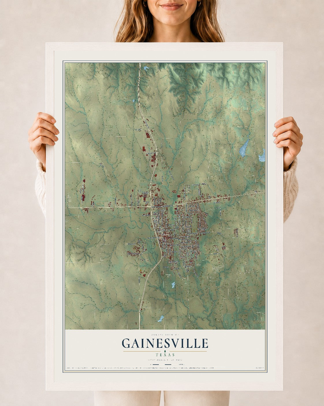 Map of Gainesville, Texas, 24 x 36 inch print in a white wood frame