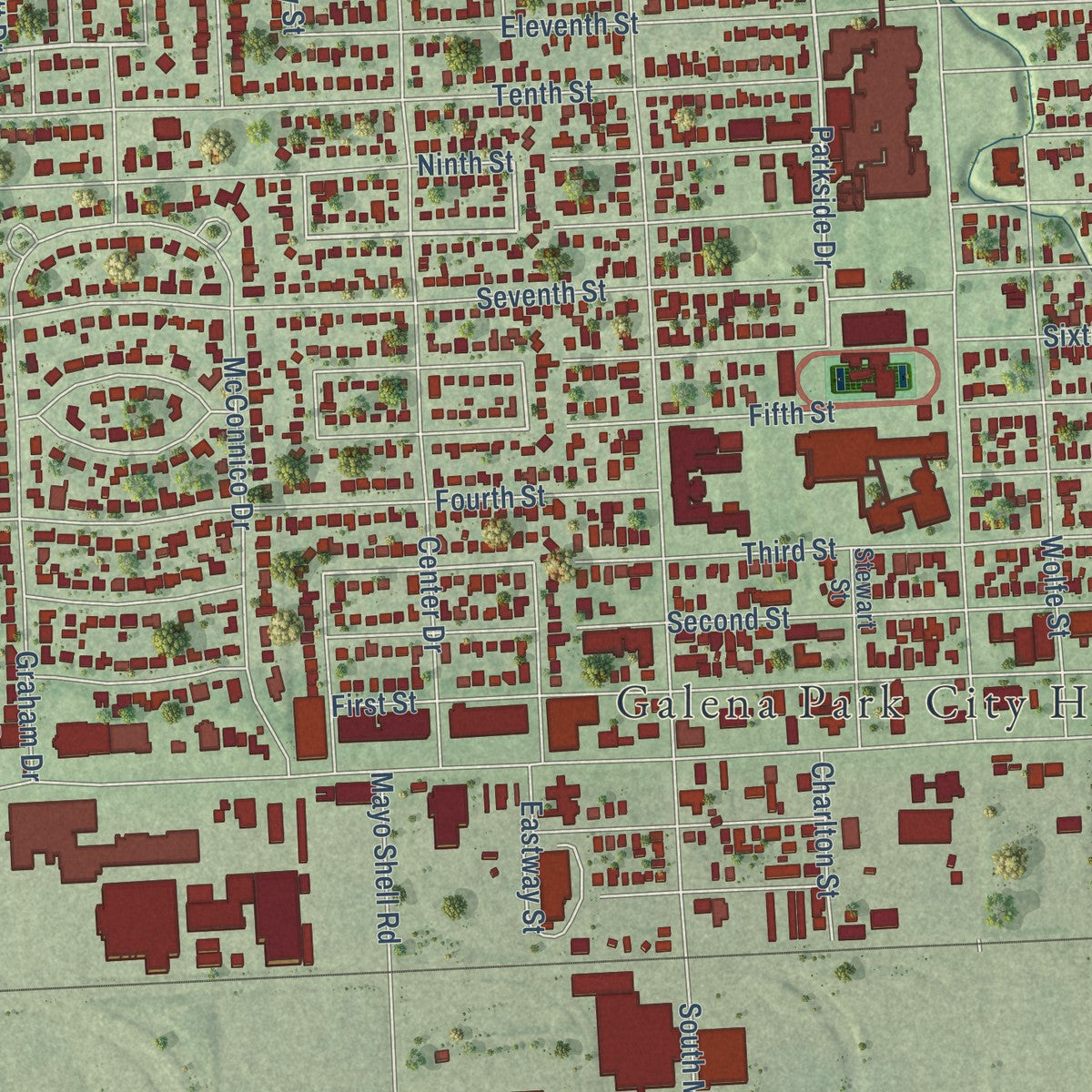 Close-up of the map of Galena Park, Texas print showing street and building detail