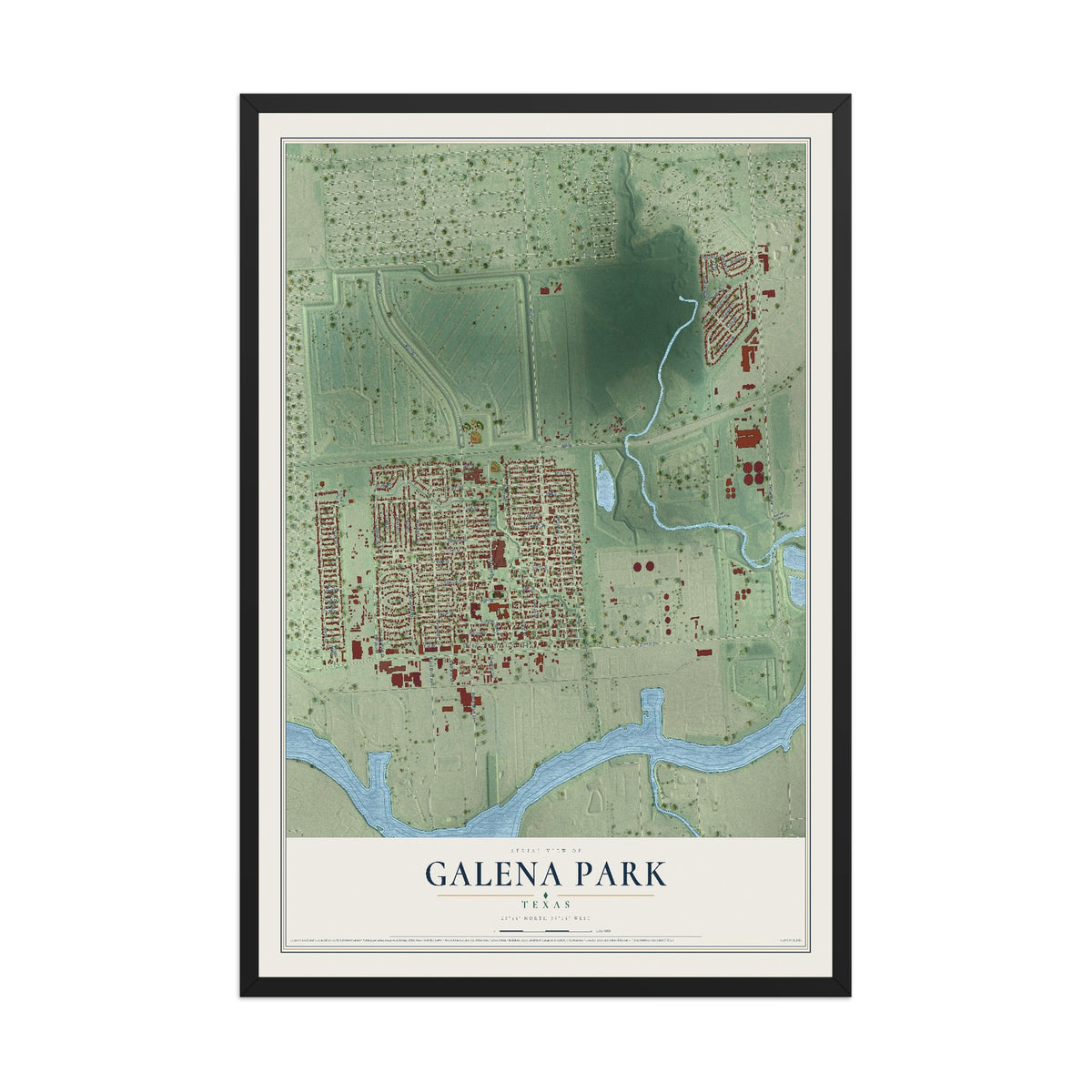 Map of Galena Park, Texas, 12 x 18 inch print in a black wood frame