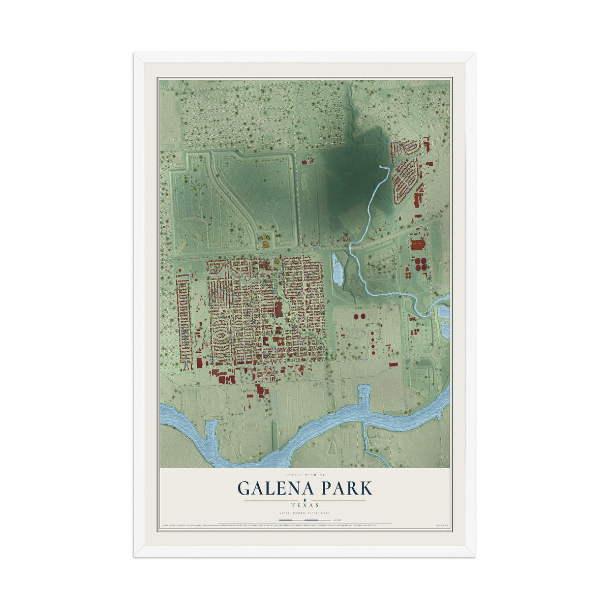 Map of Galena Park, Texas, 12 x 18 inch print in a white wood frame