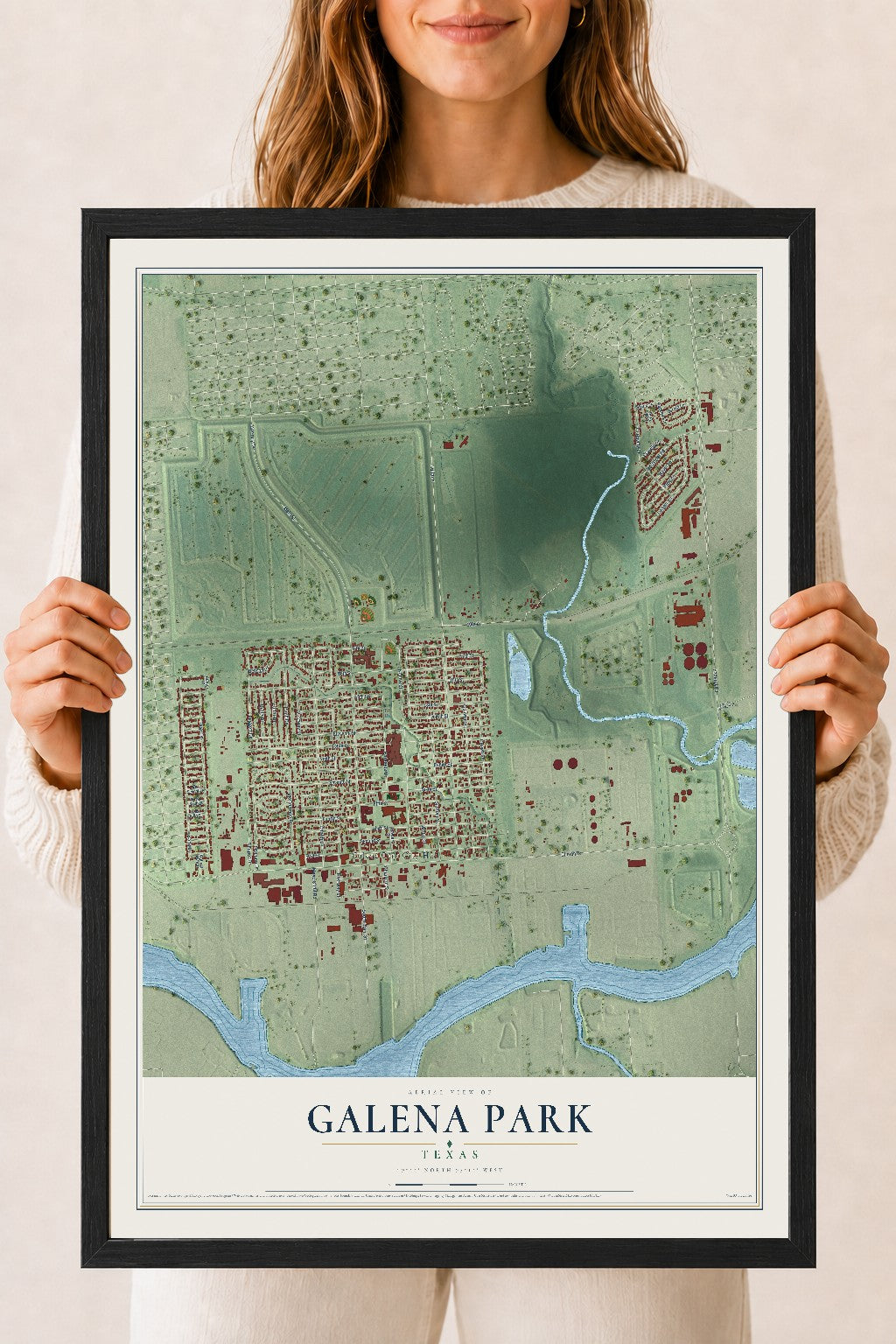 Map of Galena Park, Texas, 18 x 24 inch print in a black wood frame