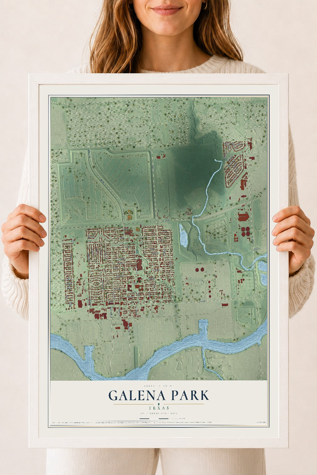Map of Galena Park, Texas, 18 x 24 inch print in a white wood frame