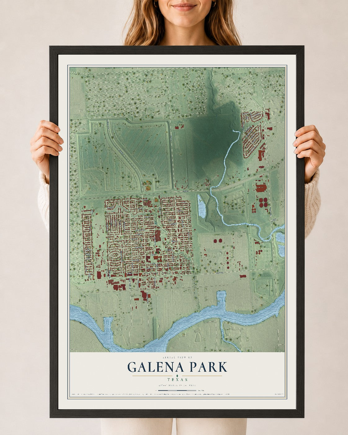 Map of Galena Park, Texas, 24 x 36 inch print in a black wood frame