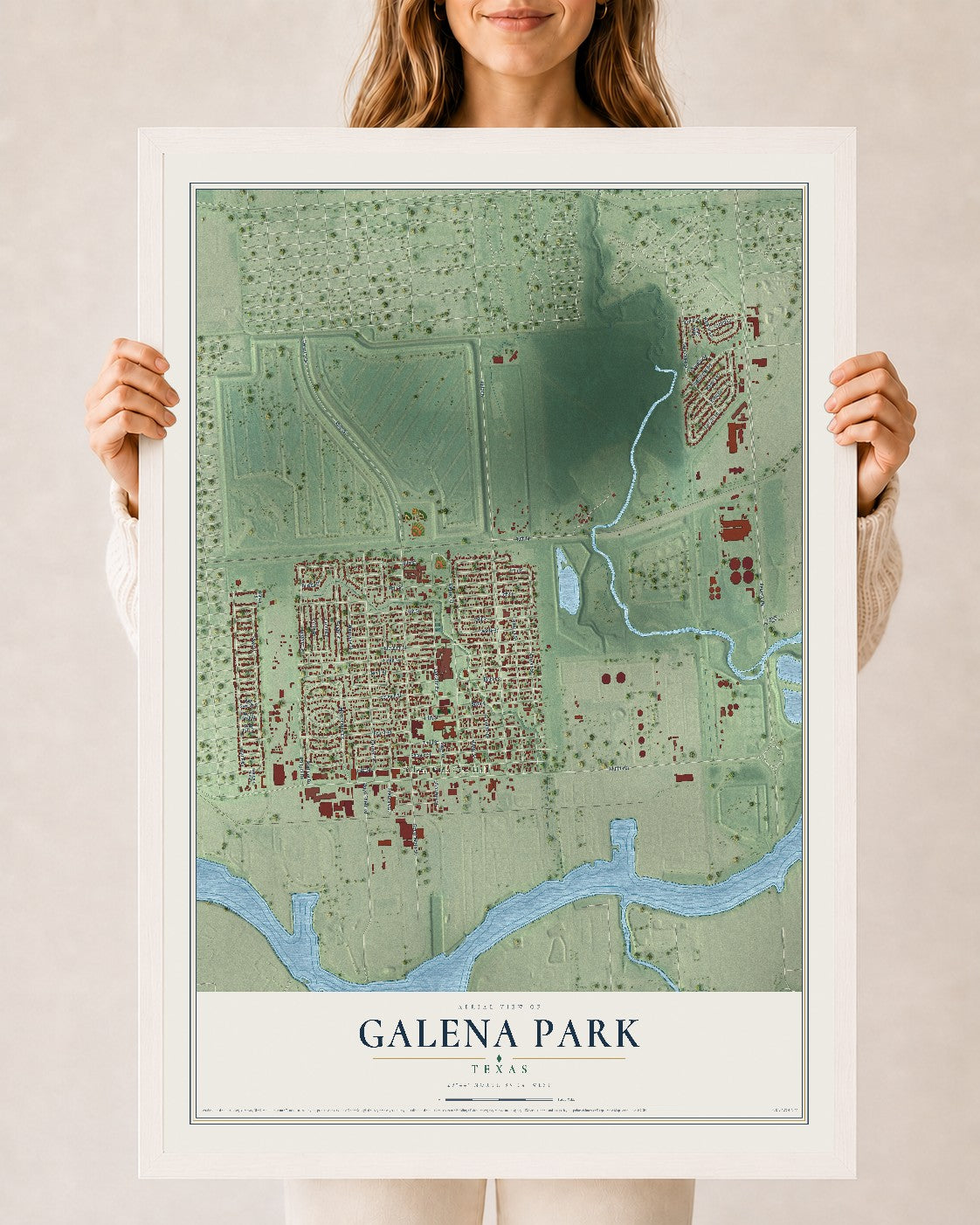 Map of Galena Park, Texas, 24 x 36 inch print in a white wood frame