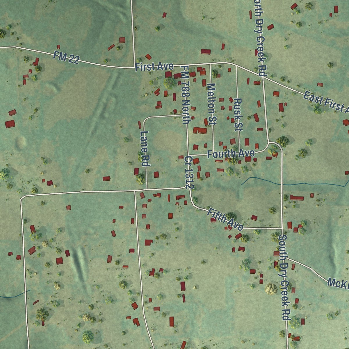 Close-up of the map of Gallatin, Texas print showing street and building detail