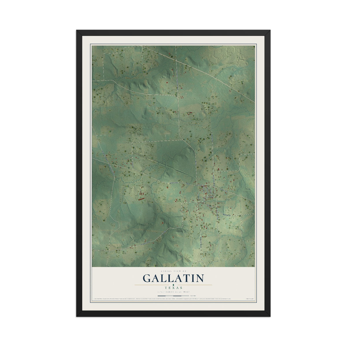 Map of Gallatin, Texas, 12 x 18 inch print in a black wood frame