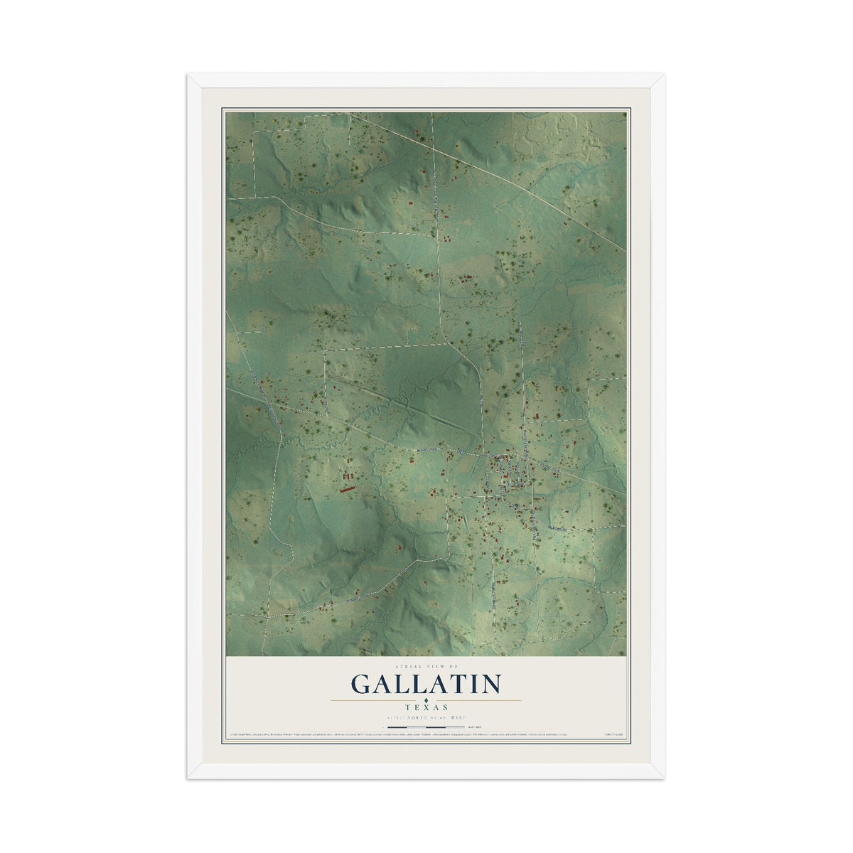 Map of Gallatin, Texas, 12 x 18 inch print in a white wood frame