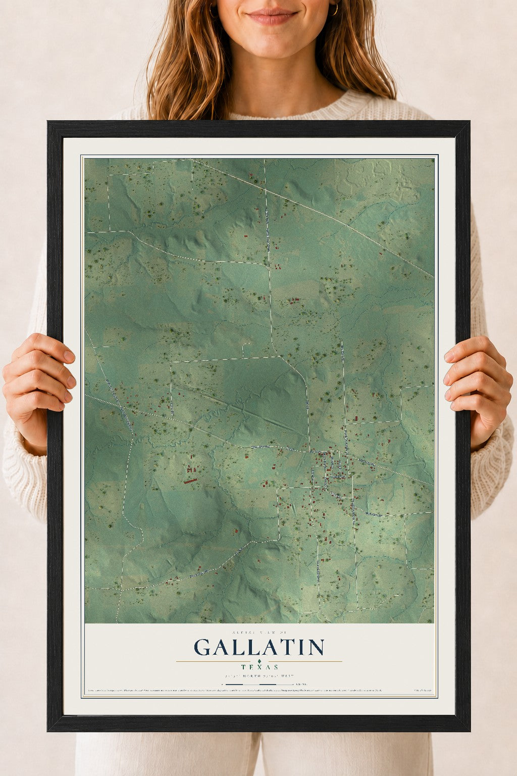 Map of Gallatin, Texas, 18 x 24 inch print in a black wood frame