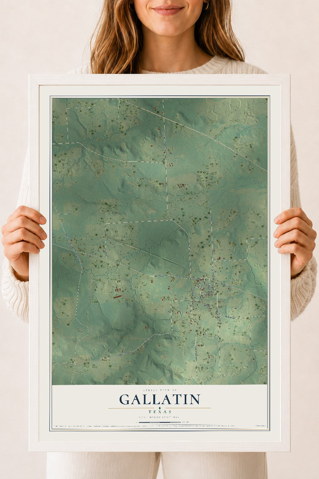 Map of Gallatin, Texas, 18 x 24 inch print in a white wood frame
