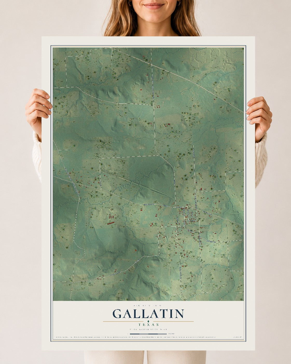 Map of Gallatin, Texas, 24 x 36 inch unframed archival matte print