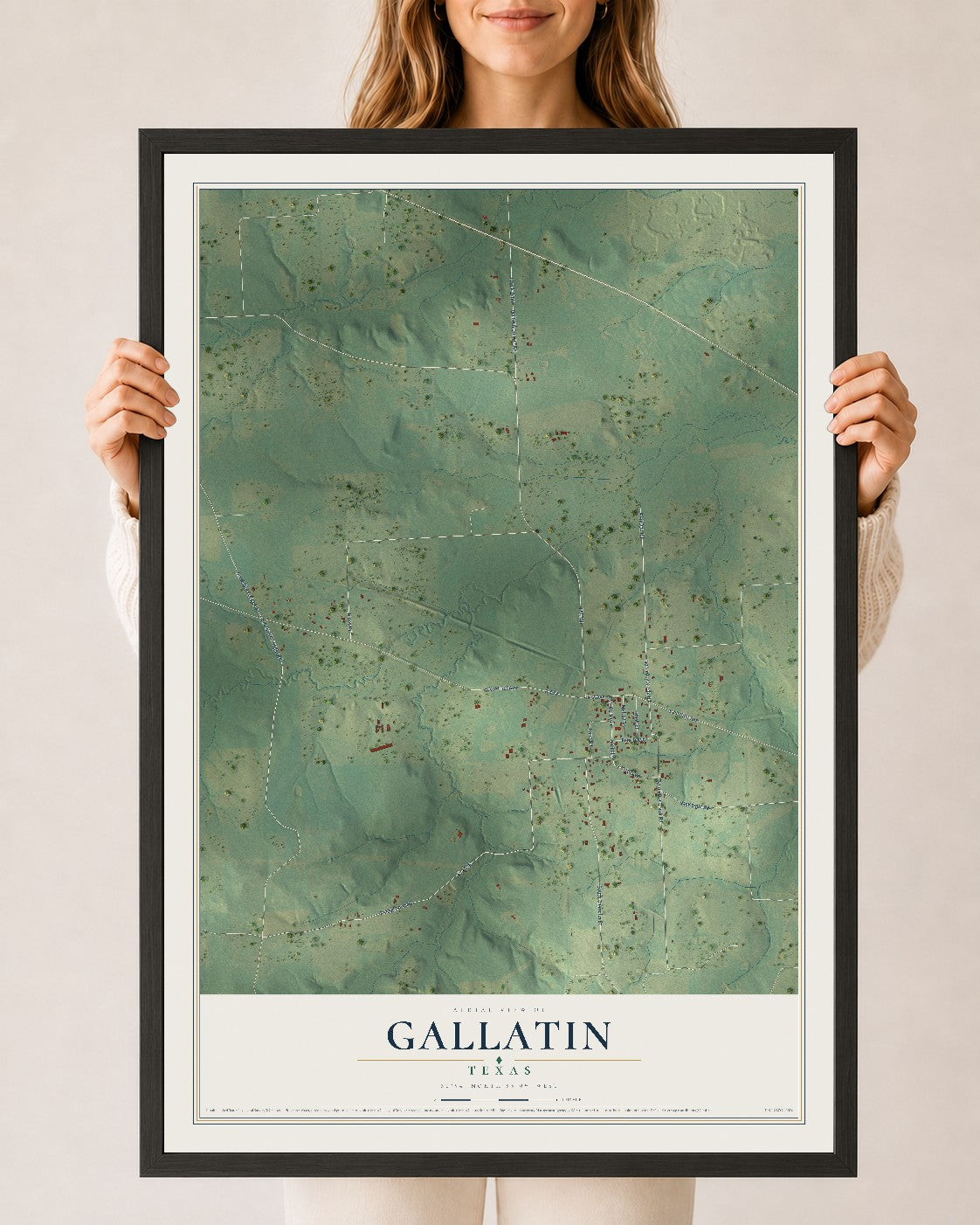Map of Gallatin, Texas, 24 x 36 inch print in a black wood frame