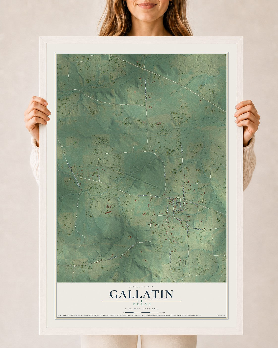 Map of Gallatin, Texas, 24 x 36 inch print in a white wood frame