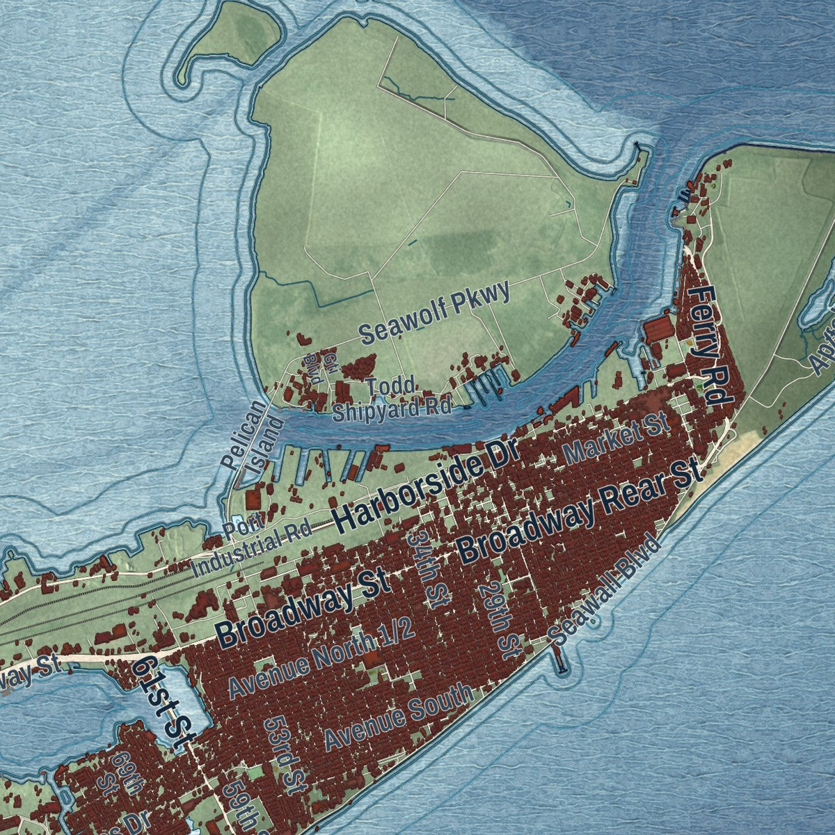Second close-up of the map of Galveston, Texas print showing more streets and buildings