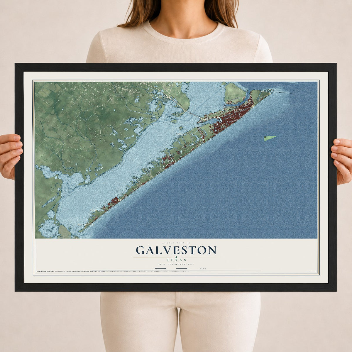 Map of Galveston, Texas, 18 x 24 inch print in a black wood frame