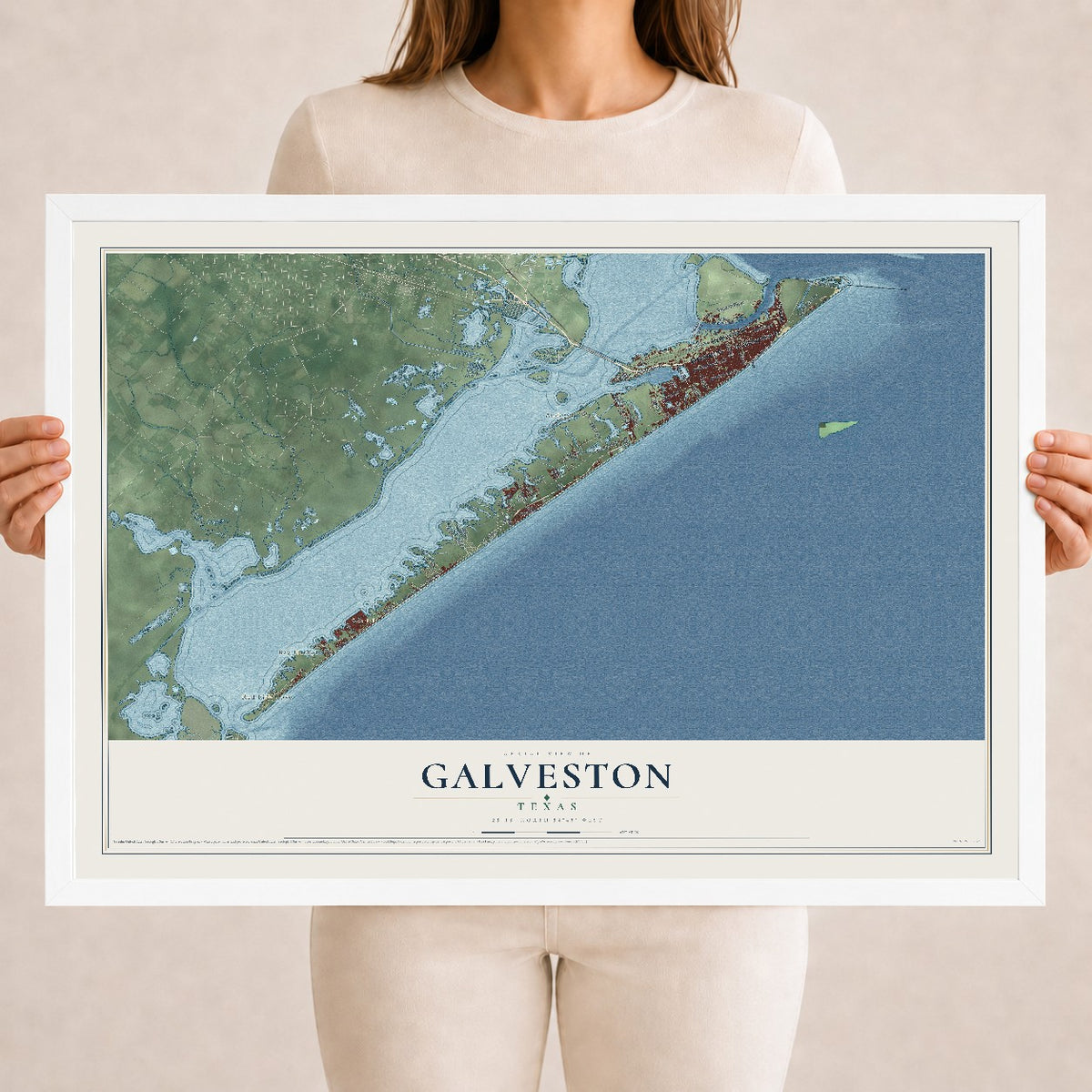 Map of Galveston, Texas, 18 x 24 inch print in a white wood frame