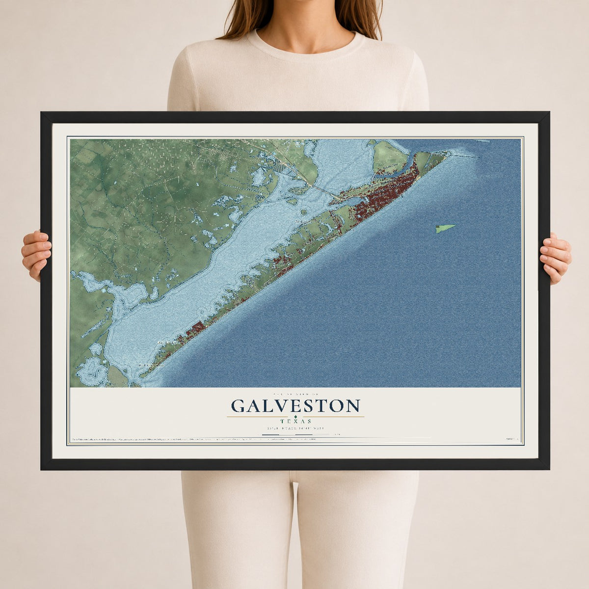 Map of Galveston, Texas, 24 x 36 inch print in a black wood frame